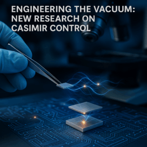 A gloved hand uses tweezers to manipulate metallic plates with glowing quantum energy between them, set in a high-tech laboratory with microchip patterns.