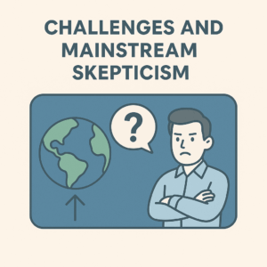 Illustration of a skeptical man with crossed arms looking at Earth, with a question mark between them.