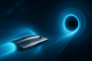 A spacecraft using artificial gravity fields to navigate space, with no combustion or visible engines.