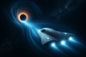 A conceptual spacecraft entering a gravity well in deep space as part of a faster-than-light jump sequence.