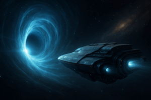 futuristic spacecraft executing an FTL gravity jump through a synthetic black hole in deep space.