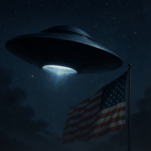  sleek, mysterious UFO illuminated by spotlights in a dark military hangar, symbolizing secret reverse-engineering programs.