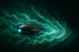 Futuristic spacecraft traveling through a gravity-warped medium in deep space.