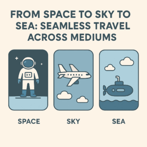 Infographic depicting space, sky, and sea travel using an astronaut, airplane, and submarine.