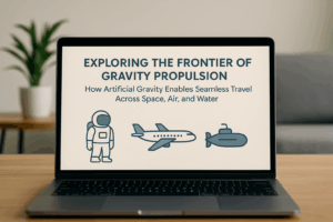 Laptop displaying a presentation titled “Exploring the Frontier of Gravity Propulsion” with visuals of an astronaut, airplane, and submarine.