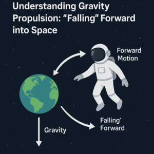 nfographic showing an astronaut falling forward in orbit around Earth, illustrating gravity propulsion concepts.