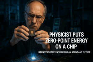 A senior physicist examines a glowing microchip in a dark, futuristic lab, symbolizing the harnessing of zero-point energy in a wide-format image.
