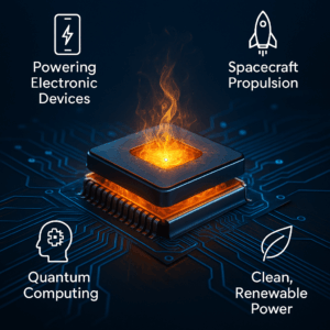 nfographic showing a glowing zero-point energy chip with labeled applications: powering electronic devices, spacecraft propulsion, quantum computing, and clean renewable power.
