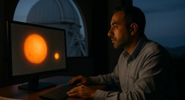 Person working on a computer while addressing Betelgeuse companion star