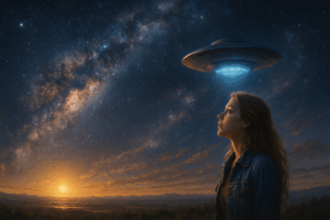 Young woman gazes at hovering UFO under star-filled sky with Milky Way and glowing sunset horizon