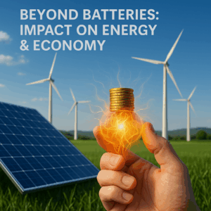 A hand holding a glowing energy orb topped with coins in front of solar panels and wind turbines, symbolizing zero-point energy’s economic and environmental impact.