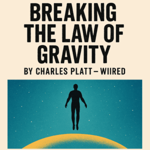 Illustration of a human silhouette levitating above a curved glowing horizon with star field background, representing the concept of breaking the law of gravity.