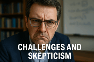 Close-up of a skeptical middle-aged man in glasses with a furrowed brow, set in a scholarly office with bookshelves and a whiteboard.
