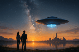 Couple holds hands beside a lake at sunset as a large UFO hovers above a futuristic city skyline beneath the Milky Way