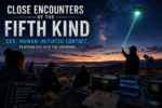 Illustration of a Close Encounter of the Fifth Kind (CE5) showing researchers and skywatchers attempting human-initiated contact with an unidentified aerial phenomenon using observation equipment and visual signaling beneath a star-filled night sky.