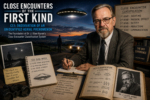 Conceptual illustration of Dr. J. Allen Hynek alongside his Close Encounter classification system, depicting a Close Encounter of the First Kind (CE1) with a witness observing an unidentified aerial phenomenon at close range.