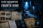 Conceptual illustration of a Close Encounter of the Fourth Kind (CE4) depicting an alleged alien abduction investigation with a witness, unidentified entity, investigative case files, and a UFO overhead, representing reported experiences rather than verified events.