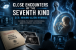 Conceptual illustration of a Close Encounter of the Seventh Kind (CE7) showing researchers examining alleged human-alien hybrid evidence alongside symbolic DNA imagery and an unidentified extraterrestrial figure.