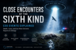 Close Encounter of the Sixth Kind (CE6) illustrated with a UFO hovering over a remote forest while investigators examine the scene of an unexplained animal death, representing reported CE6 events and ongoing scientific investigation.
