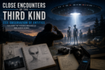 Conceptual illustration of a Close Encounter of the Third Kind (CE3) showing a witness observing unidentified humanoid entities beneath a hovering UFO while investigators document the reported encounter.