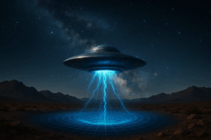 Flying saucer hovers over a rocky desert at night, emitting blue gravitational energy into a warped space-time grid beneath a starry Milky Way sky.