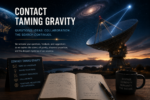 Large radio telescope beneath a star-filled sky with research notes and gravity equations, representing scientific inquiry, collaboration, and communication with TamingGravity.com.