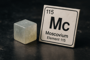 Realistic image of a translucent cube representing Element 115 beside a worn periodic table label marked "Mc – Moscovium."