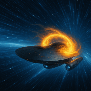 A futuristic saucer-shaped spacecraft traveling at warp speed through space, surrounded by a glowing energy ring.