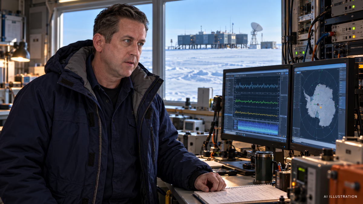 AI illustration of Eric Hecker examining instrument displays inside an Antarctic research station.