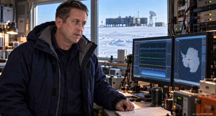 AI illustration of Eric Hecker examining instrument displays inside an Antarctic research station.