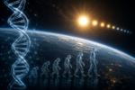 DNA, human evolution, Earth, and stars representing the hypothesis that extraterrestrial intelligence may have accelerated human evolution.