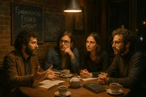 Four 1970s-era physicists discussing quantum theory in a café with chalkboard equations behind them