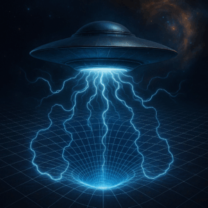 Flying saucer emitting blue gravitational energy beams into a warped space-time grid beneath it, set against a cosmic background.