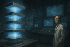  Scientist observes levitating Casimir plates emitting quantum fields in a futuristic gravity control lab