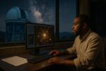 Person working on a computer while addressing gravity test galaxy clusters