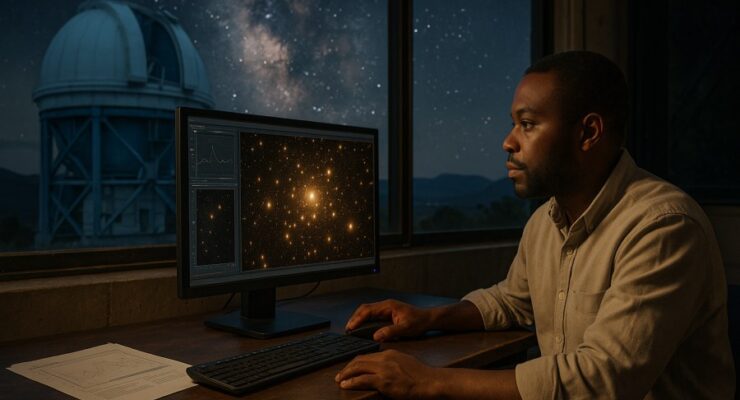 Person working on a computer while addressing gravity test galaxy clusters