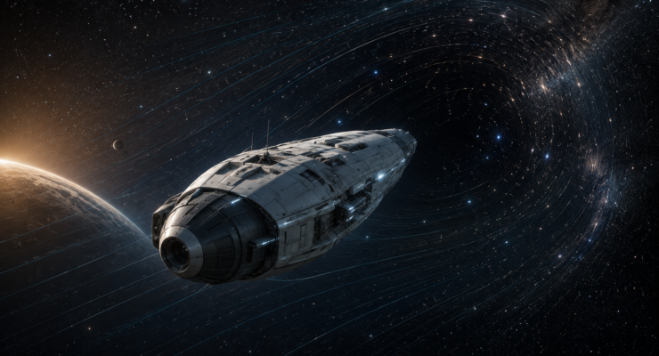 Conceptual spacecraft falling forward through localized spacetime curvature as a theoretical form of gravity propulsion.