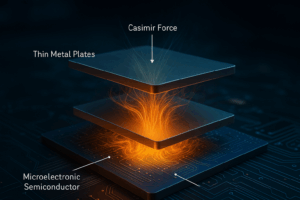 Illustration of a Casimir chip with labeled components: thin metal plates, microelectronic semiconductor, and glowing Casimir force between the layers.