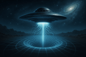 UFO hovering above a mountainous desert landscape, emitting energy into a warped space-time grid beneath a starry night sky.