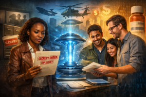 Diverse scientists examining secrecy order documents beside a futuristic energy device symbolizing invention secrecy orders, technological transparency, and the abundance versus scarcity debate.