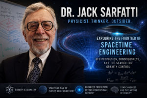 Dr. Jack Sarfatti with visualization of spacetime curvature, gravity engineering concepts, and advanced UFO propulsion theories discussed in The Why Files.