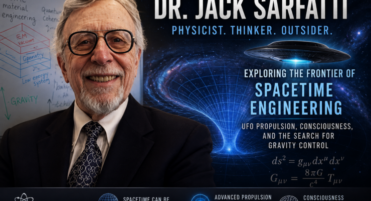 Dr. Jack Sarfatti with visualization of spacetime curvature, gravity engineering concepts, and advanced UFO propulsion theories discussed in The Why Files.