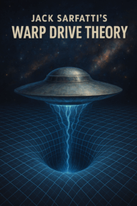 Metallic flying saucer hovering above a warped space-time grid with glowing blue energy beams, symbolizing Jack Sarfatti’s warp drive theory.