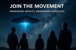 Group of people standing beneath a glowing UFO under the Milky Way, symbolizing unity and cosmic awakening
