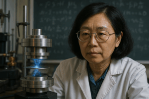 An East Asian female scientist in a lab coat focuses intently on a levitating metallic disc between superconducting components, with blue electrical arcs connecting them and chalkboard equations in the background.