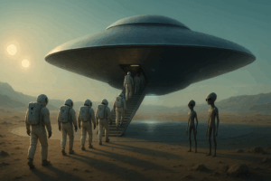 Twelve astronauts boarding an oval Eben spacecraft on the desert-like surface of Planet Serpo as two Eben beings observe under a twin-sun sk