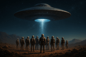 Twelve astronauts stand beneath a hovering UFO on an alien planet, illuminated by a blue energy beam under a star-filled sky.