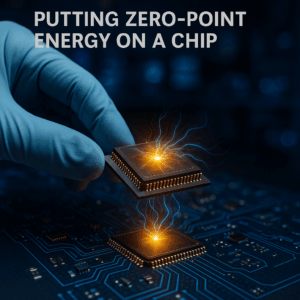 Gloved hand installing a glowing microchip onto a circuit board, symbolizing the integration of zero-point energy into chip technology.