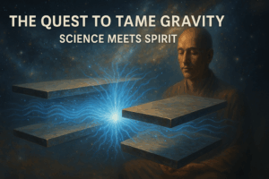 Meditative figure beside levitating Casimir plates emitting quantum vacuum energy in a star-filled cosmic scene