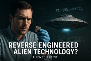 Scientist analyzing potential alien metal fragment with hovering UFO and gravity equations in background